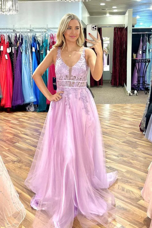 Vestido de fiesta largo de tul lila, sin mangas, con escote en V y apliques de cuentas